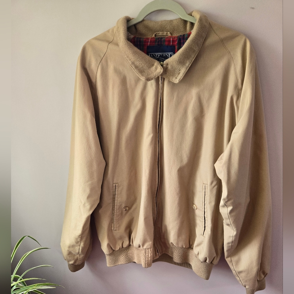 Vintage Lands' End Harrington Jacket XL Tall Tan Plaid Lined Full Zip Bomber